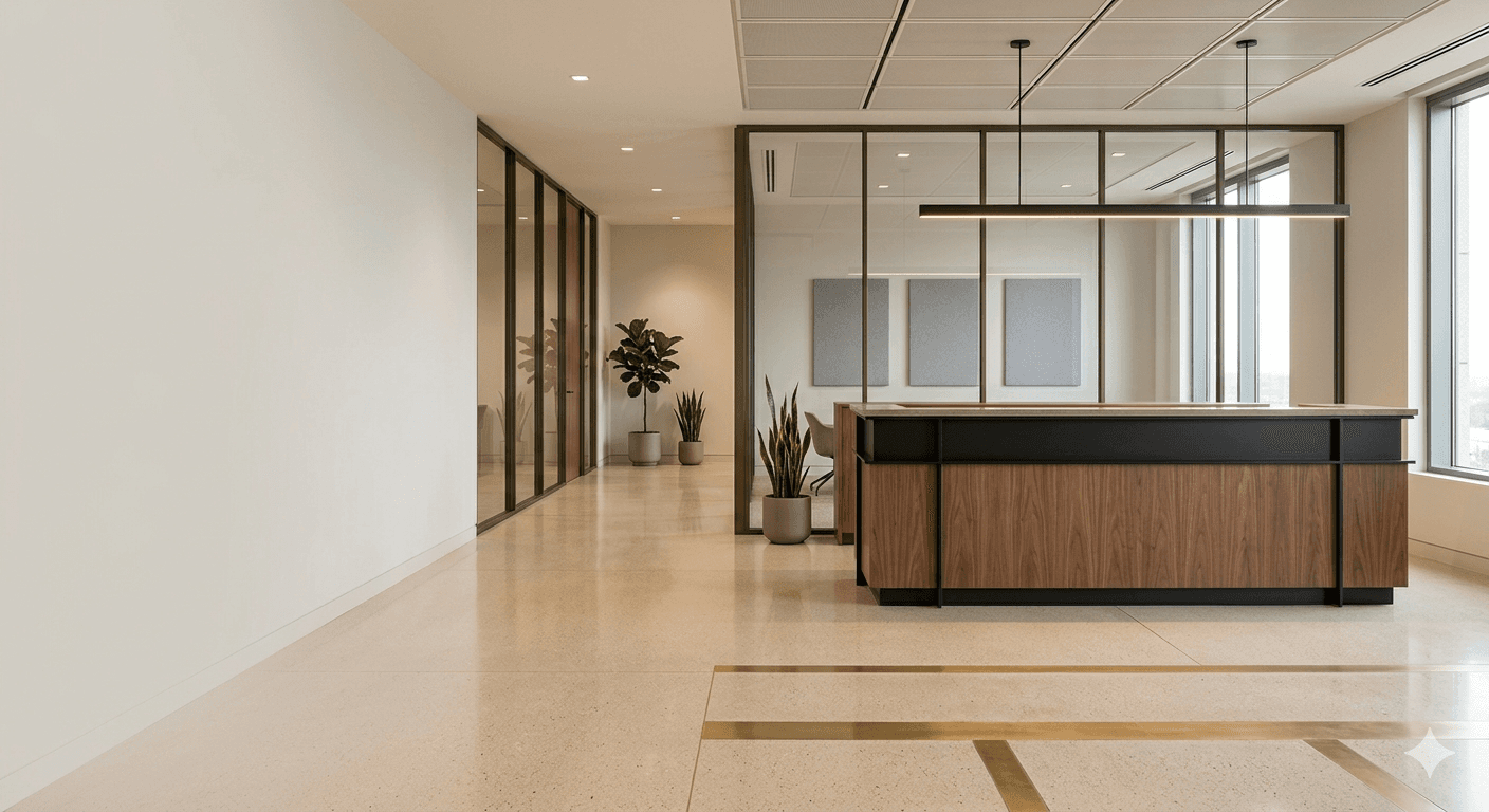 Commercial office reception with glass partitions, warm wood textures, and a premium welcome desk