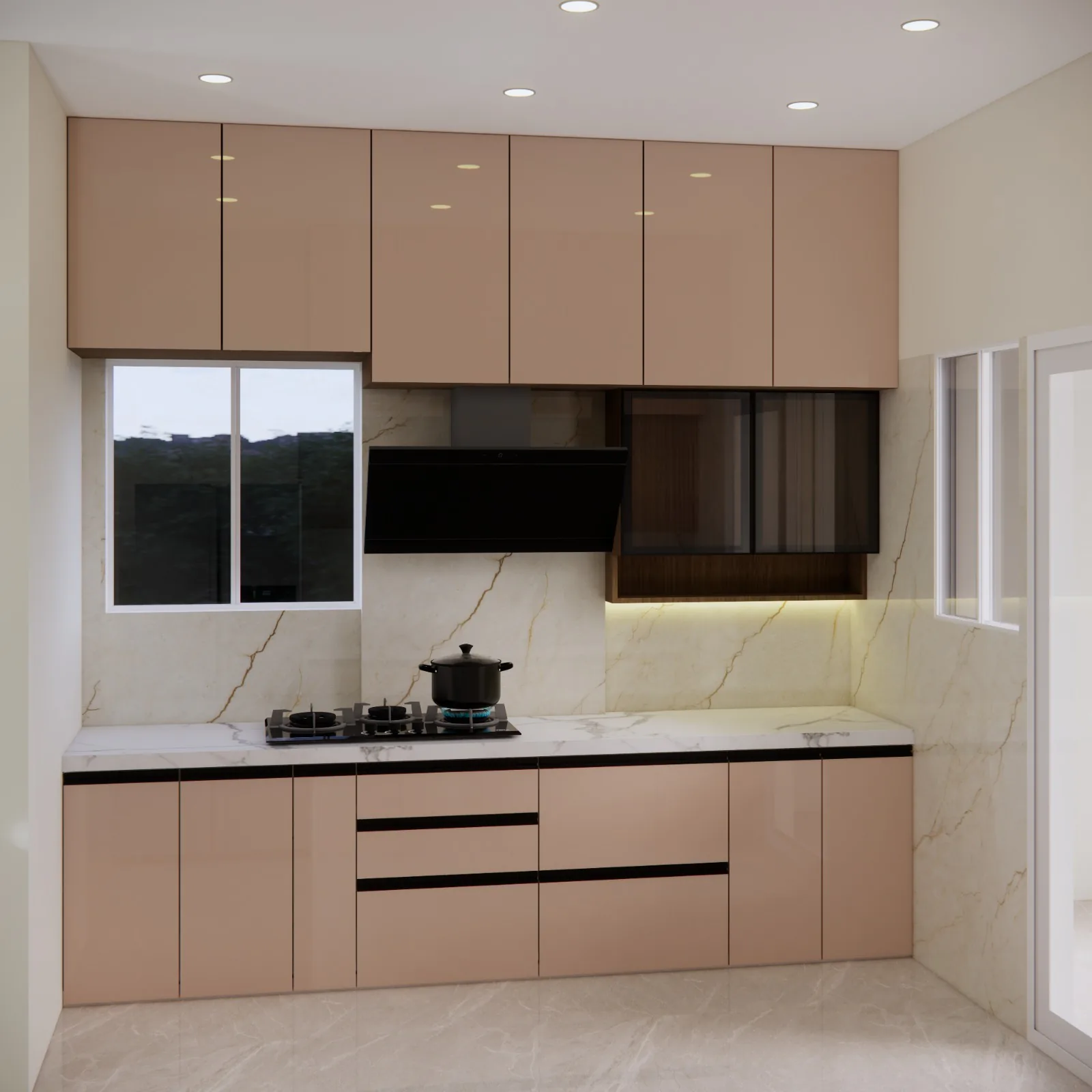 Modern modular kitchen interior with beige cabinets